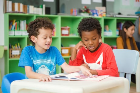 Students engaged in reading practice in a classroom supporting literacy development